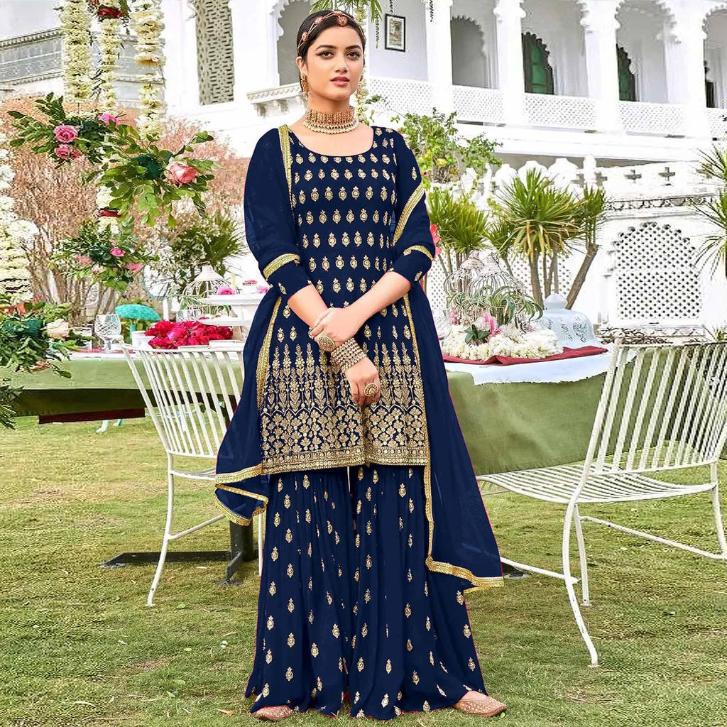 Blue Designer Floral Embroidered Heavy Georgette Partywear Suit