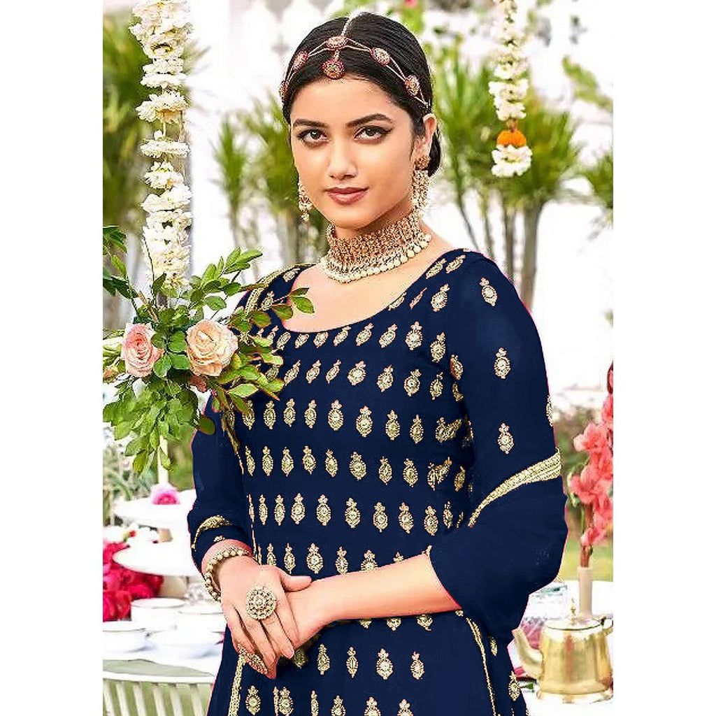 Blue Designer Floral Embroidered Heavy Georgette Partywear Suit