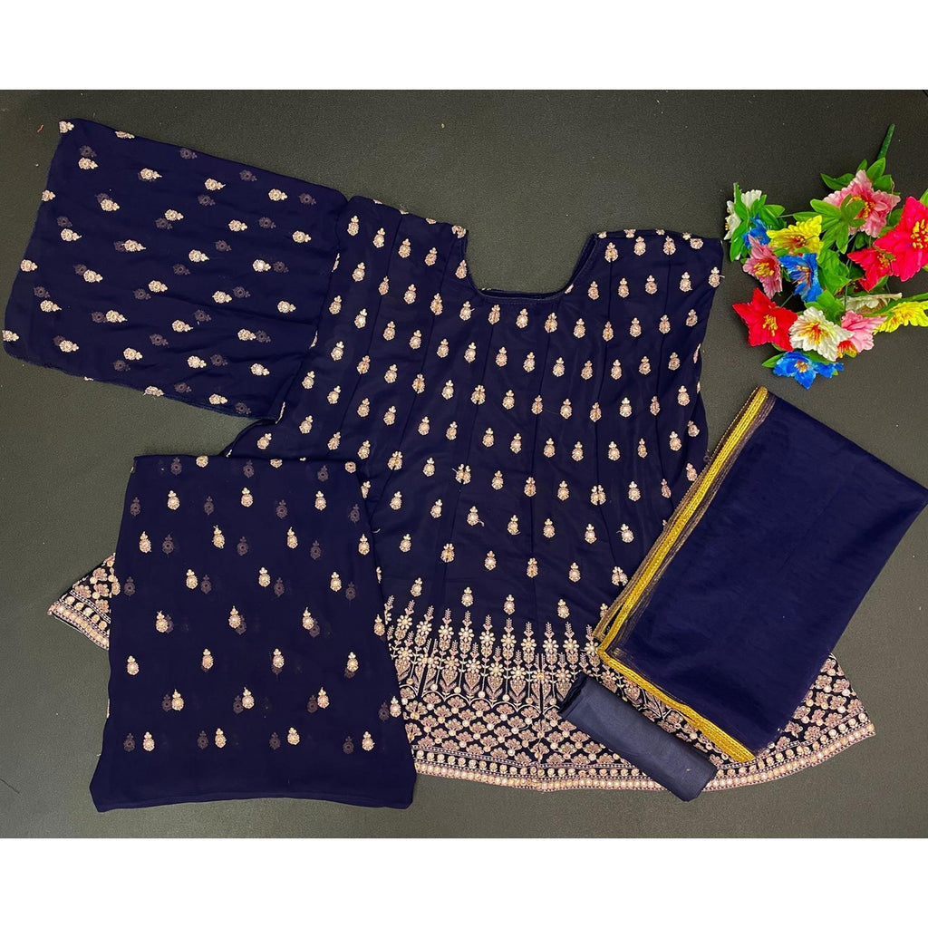 Blue Designer Floral Embroidered Heavy Georgette Partywear Suit