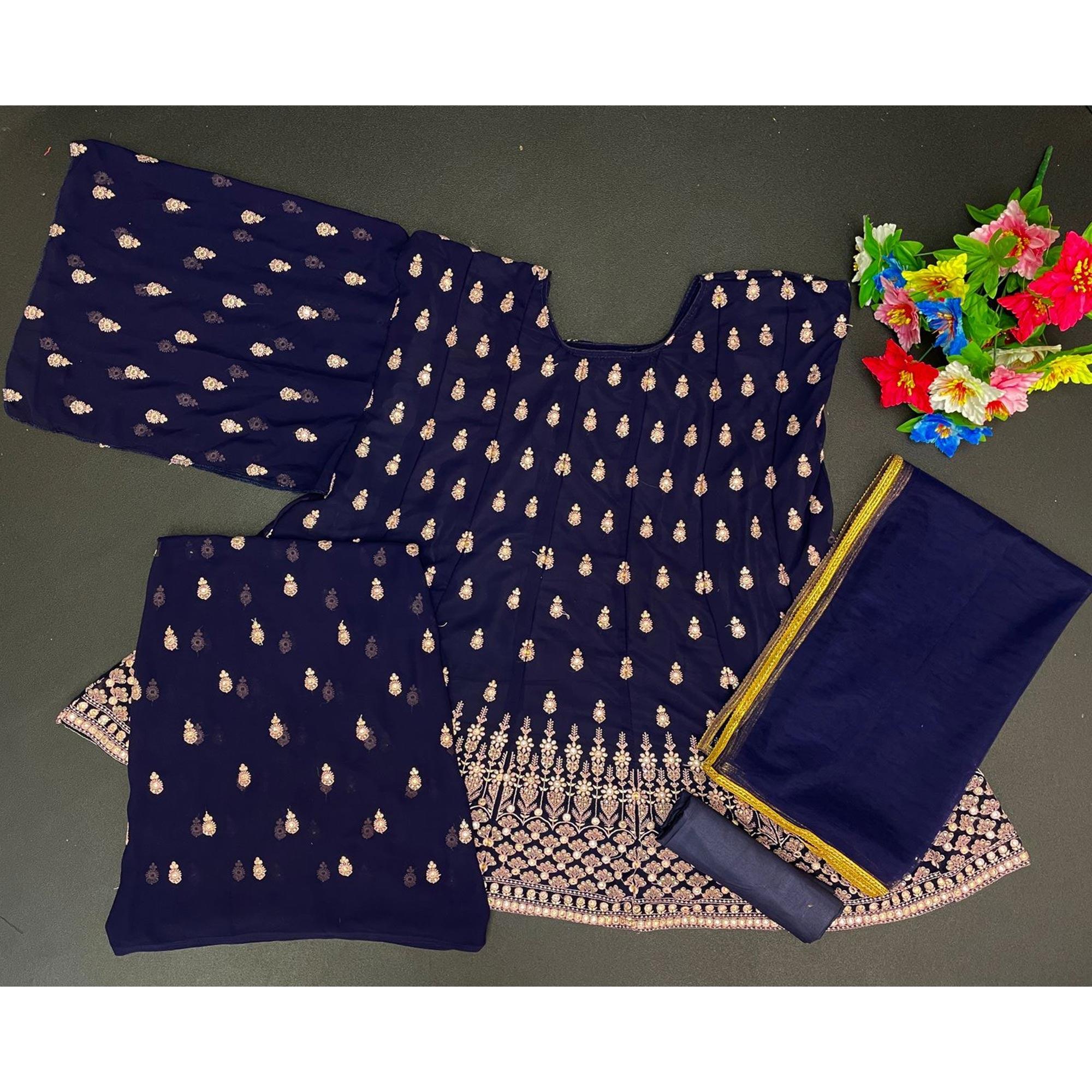 Blue Designer Floral Embroidered Heavy Georgette Partywear Suit