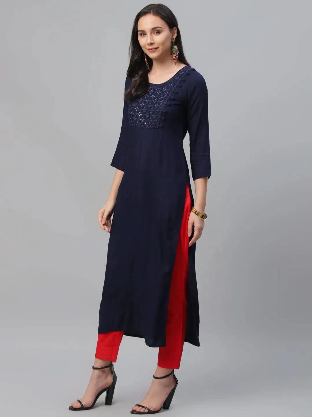 Blue Embroidered Rayon Kurta - Libas