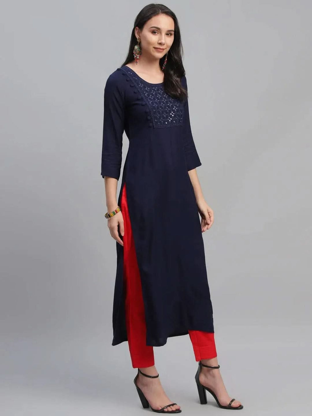 Blue Embroidered Rayon Kurta - Libas