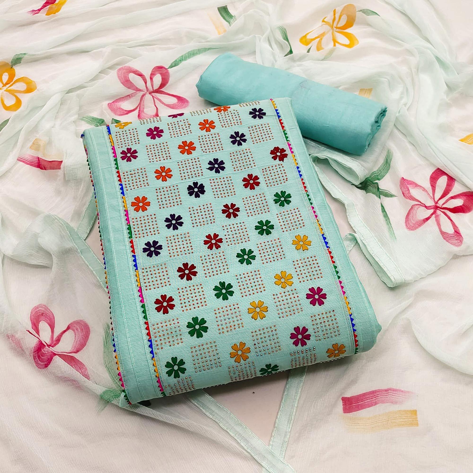 Blue Floral Embroidered Chanderi Dress Material