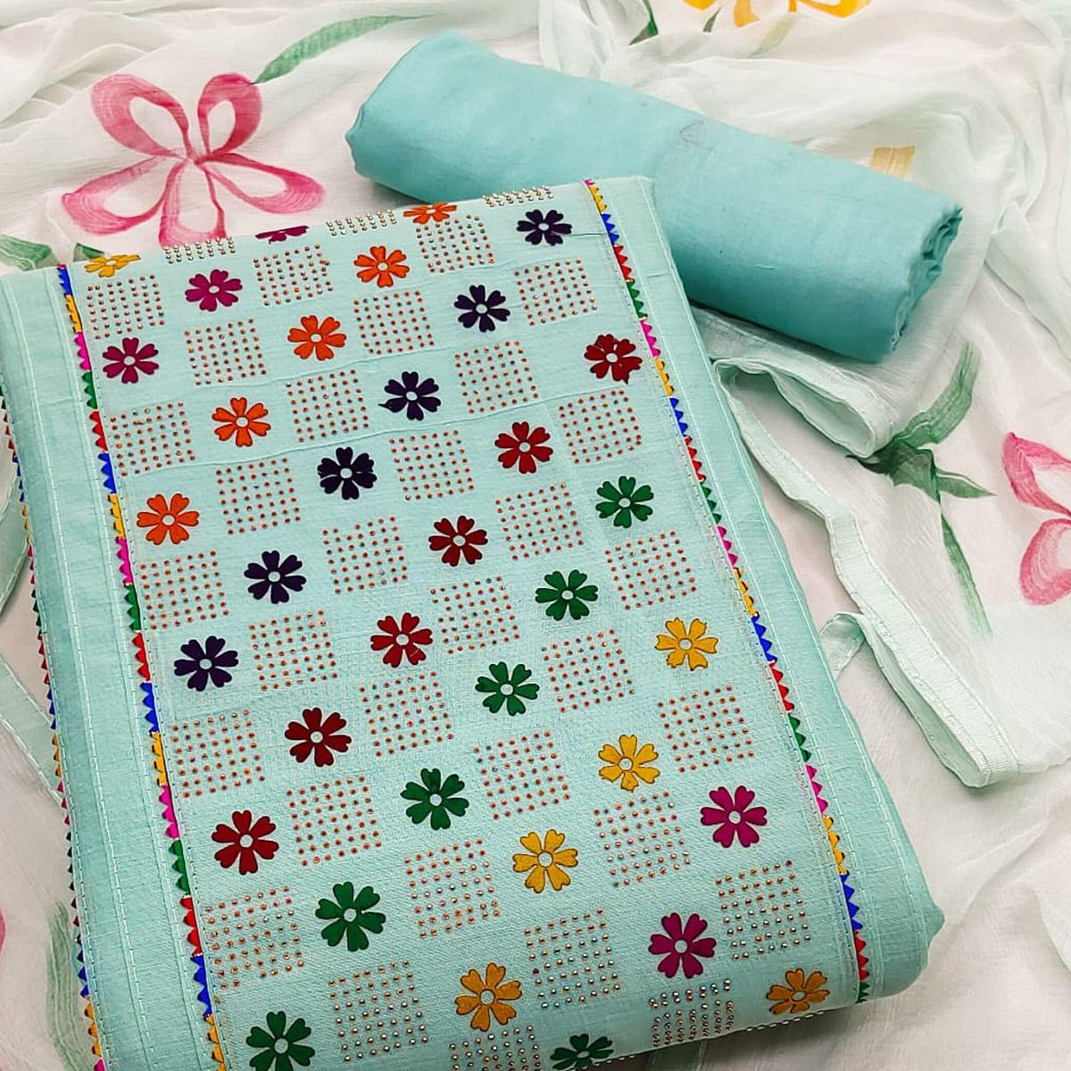 Blue Floral Embroidered Chanderi Dress Material