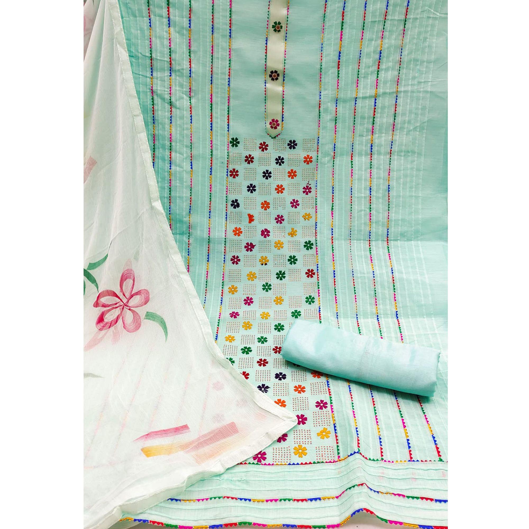 Blue Floral Embroidered Chanderi Dress Material