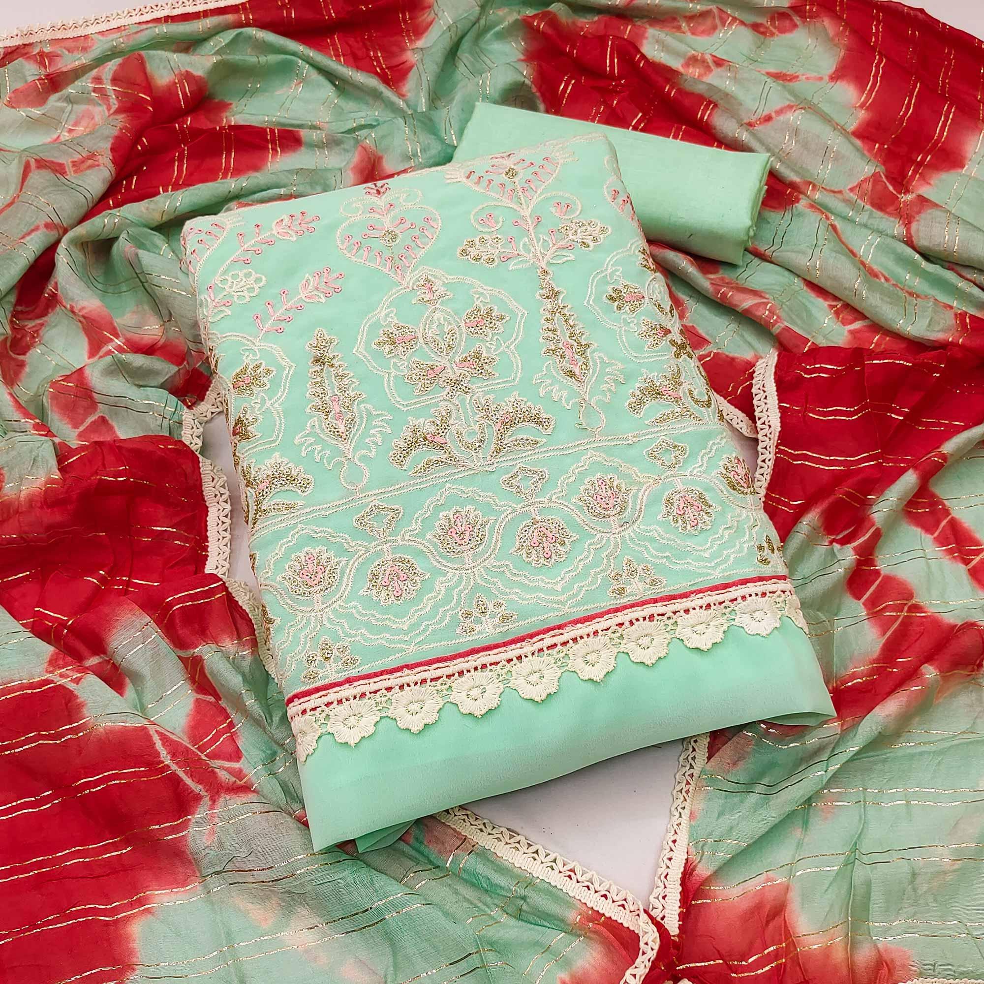 Blue Floral Embroidered Georgette Dress Material