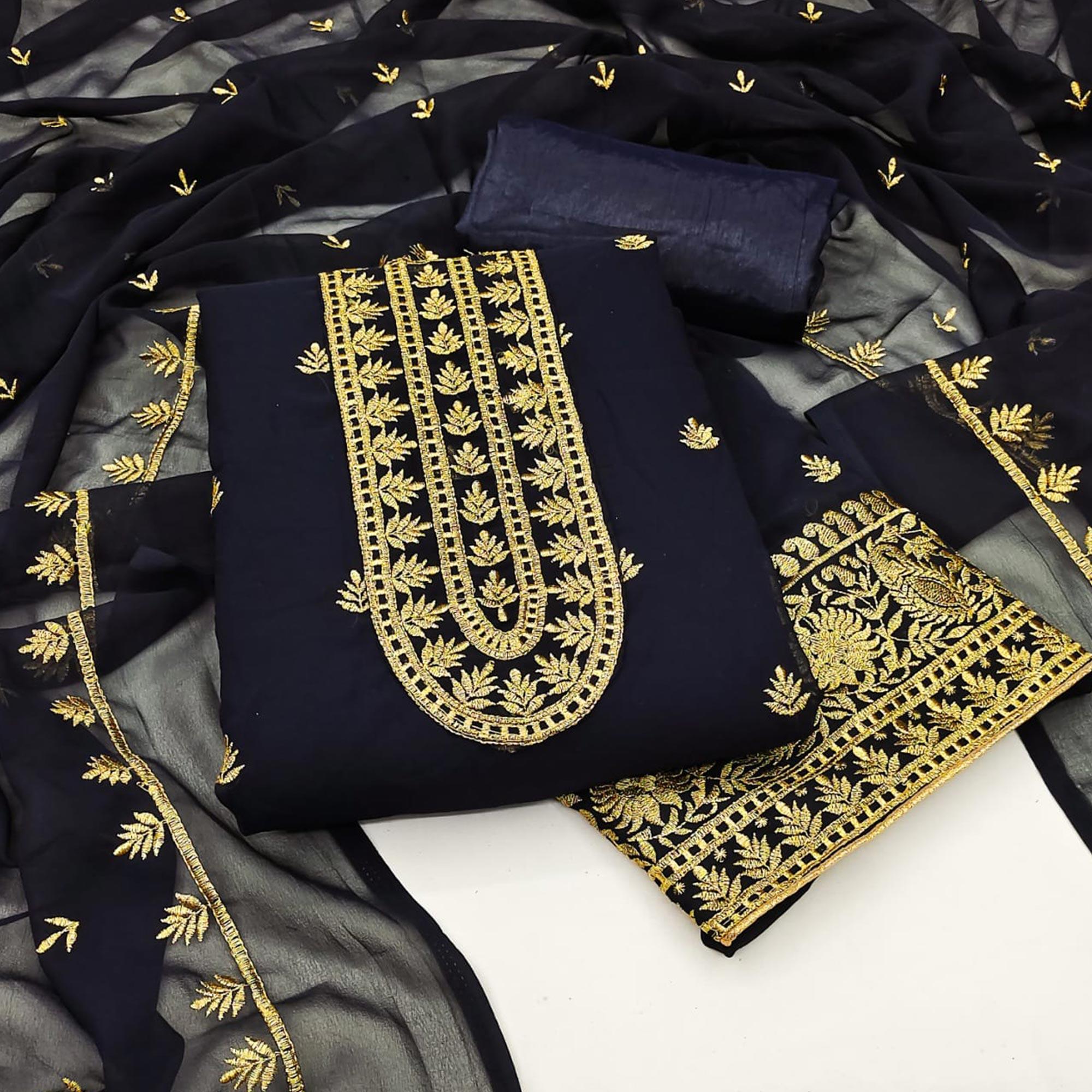 Blue Floral Embroidered Georgette Dress Material