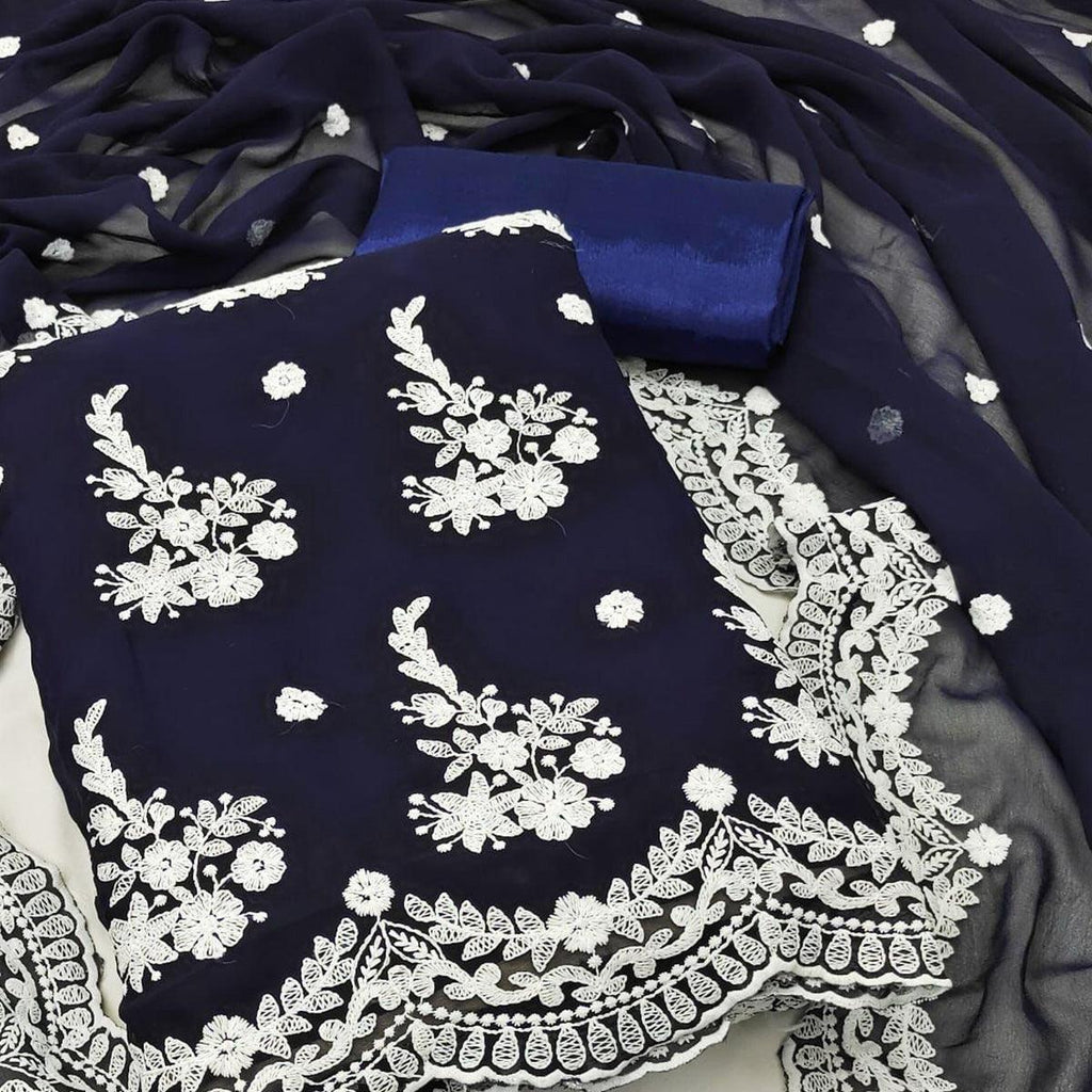 Blue Floral Embroidered Georgette Dress Material