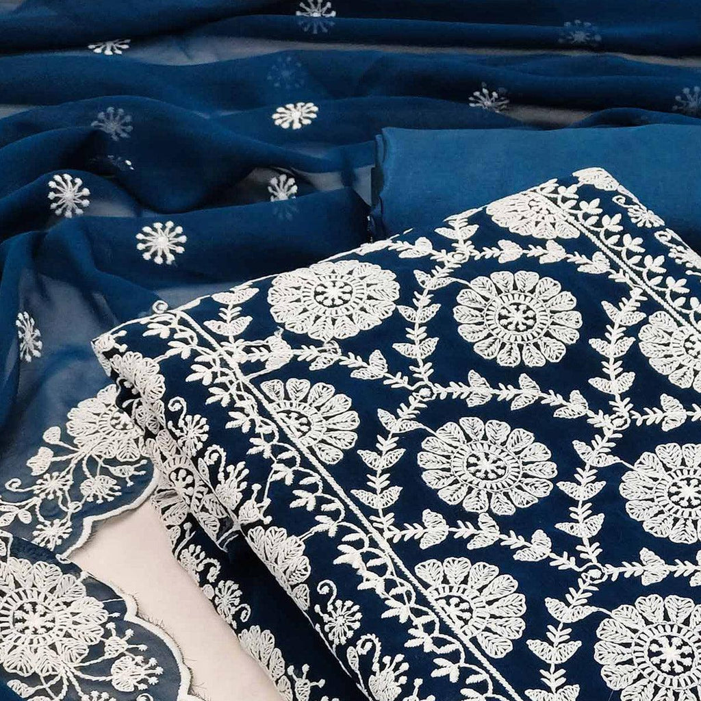 Blue Floral Embroidered Georgette Dress Material