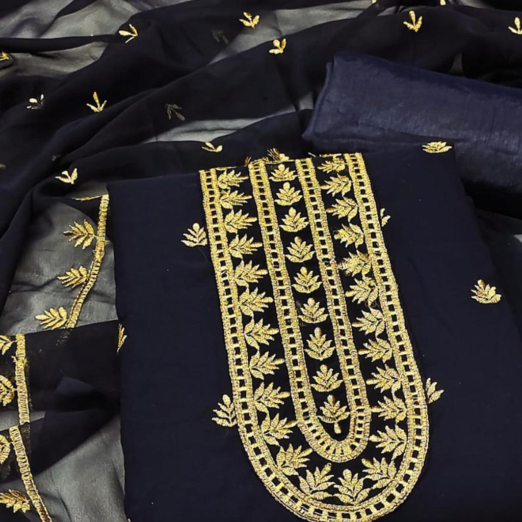 Blue Floral Embroidered Georgette Dress Material