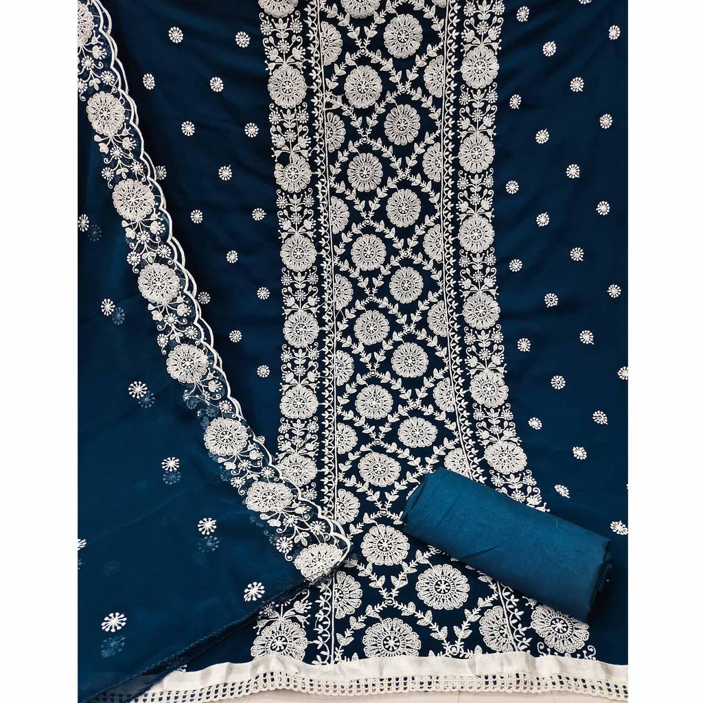 Blue Floral Embroidered Georgette Dress Material