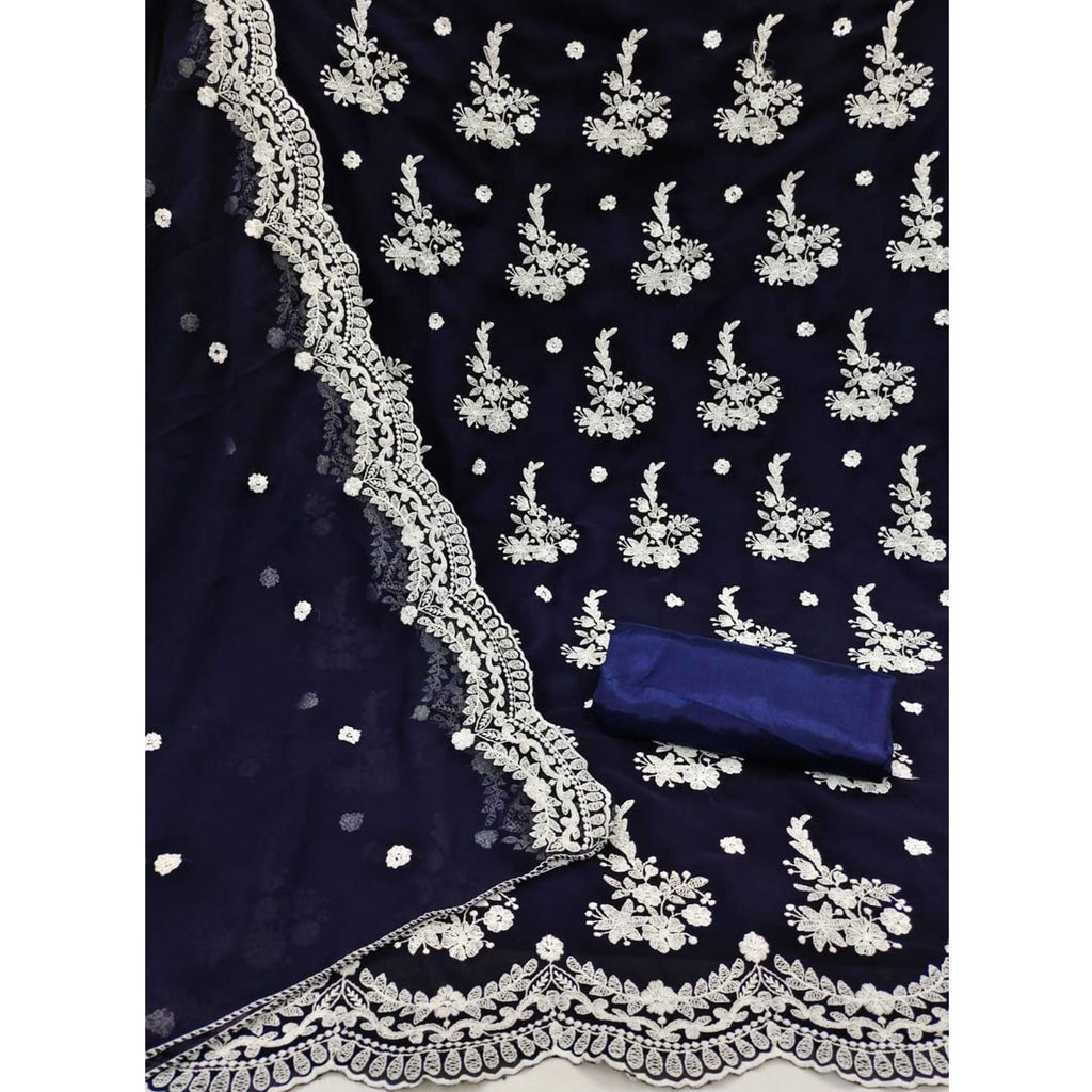 Blue Floral Embroidered Georgette Dress Material