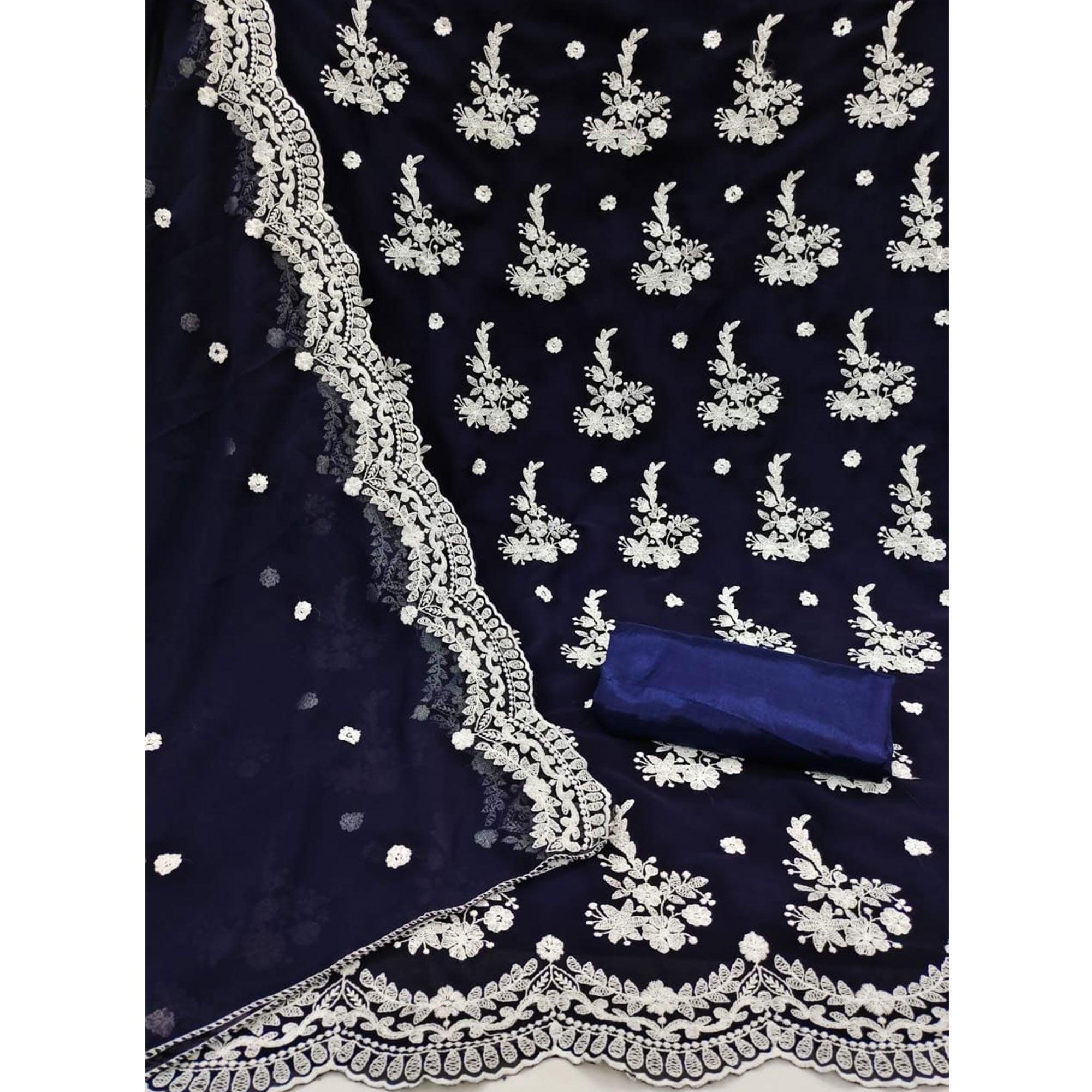 Blue Floral Embroidered Georgette Dress Material