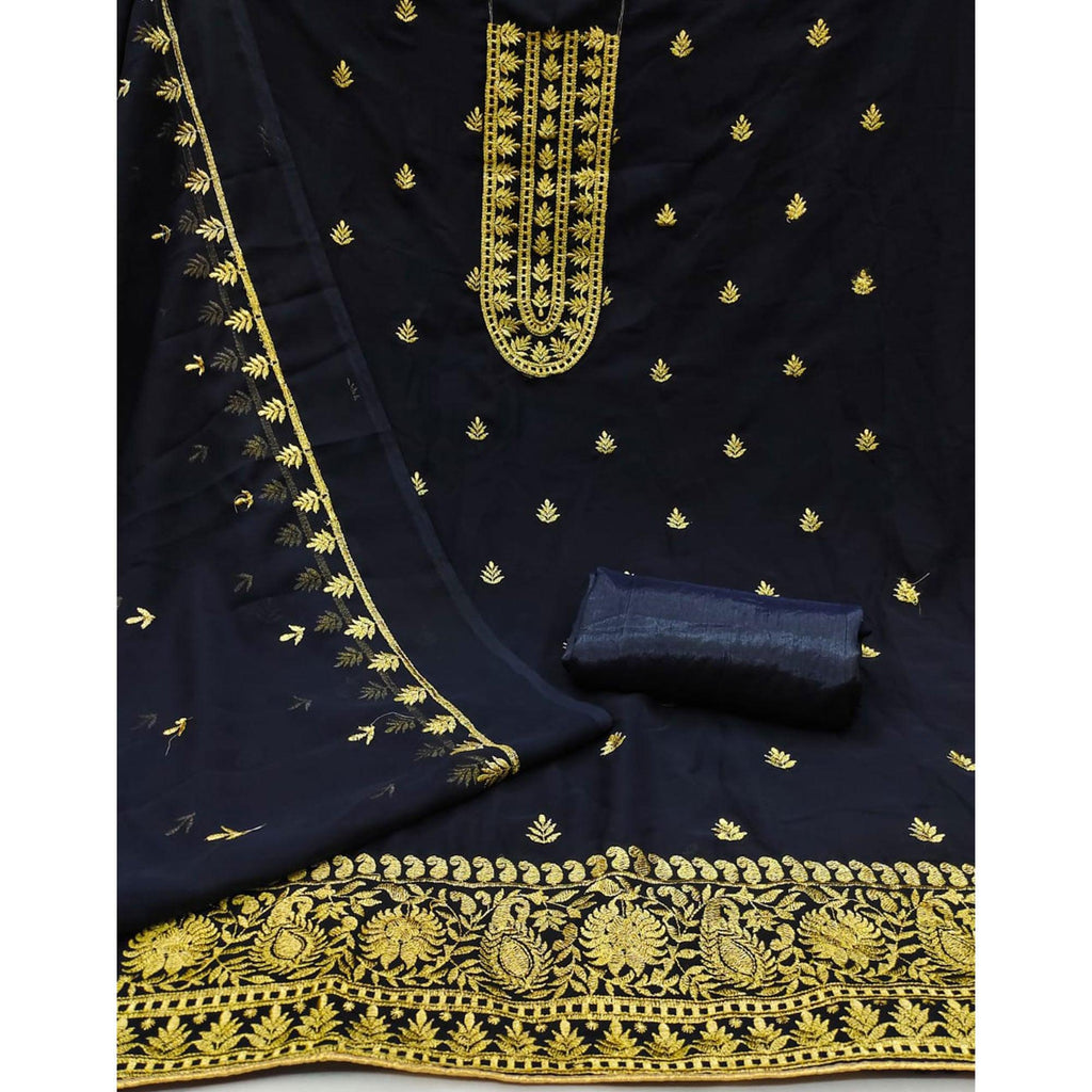 Blue Floral Embroidered Georgette Dress Material