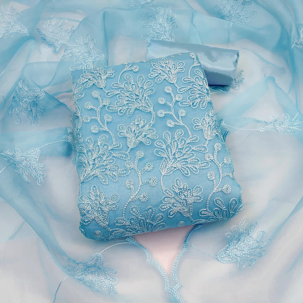 Blue Floral Embroidered Organza Dress Material