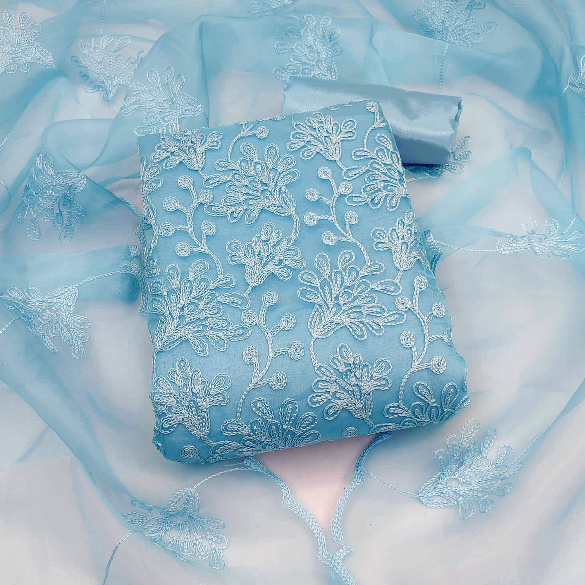 Blue Floral Embroidered Organza Dress Material