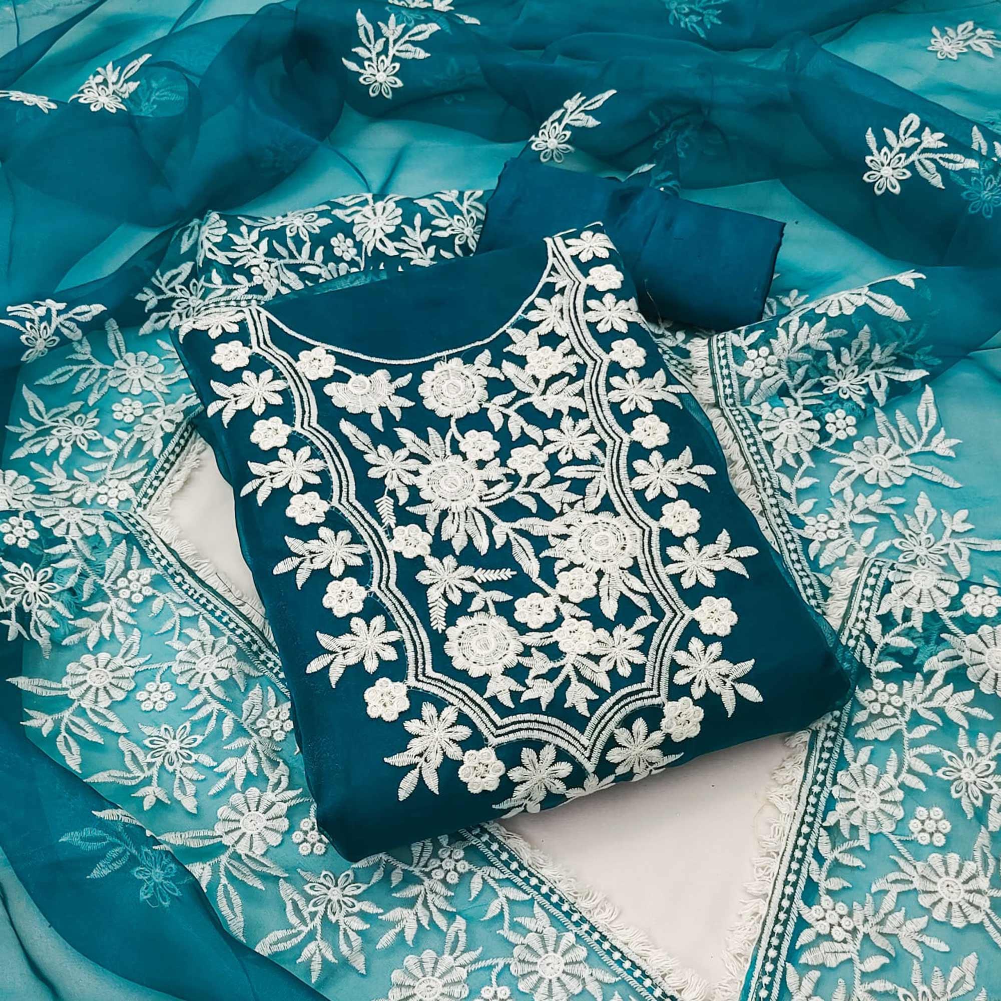 Blue Floral Embroidered Organza Dress Material