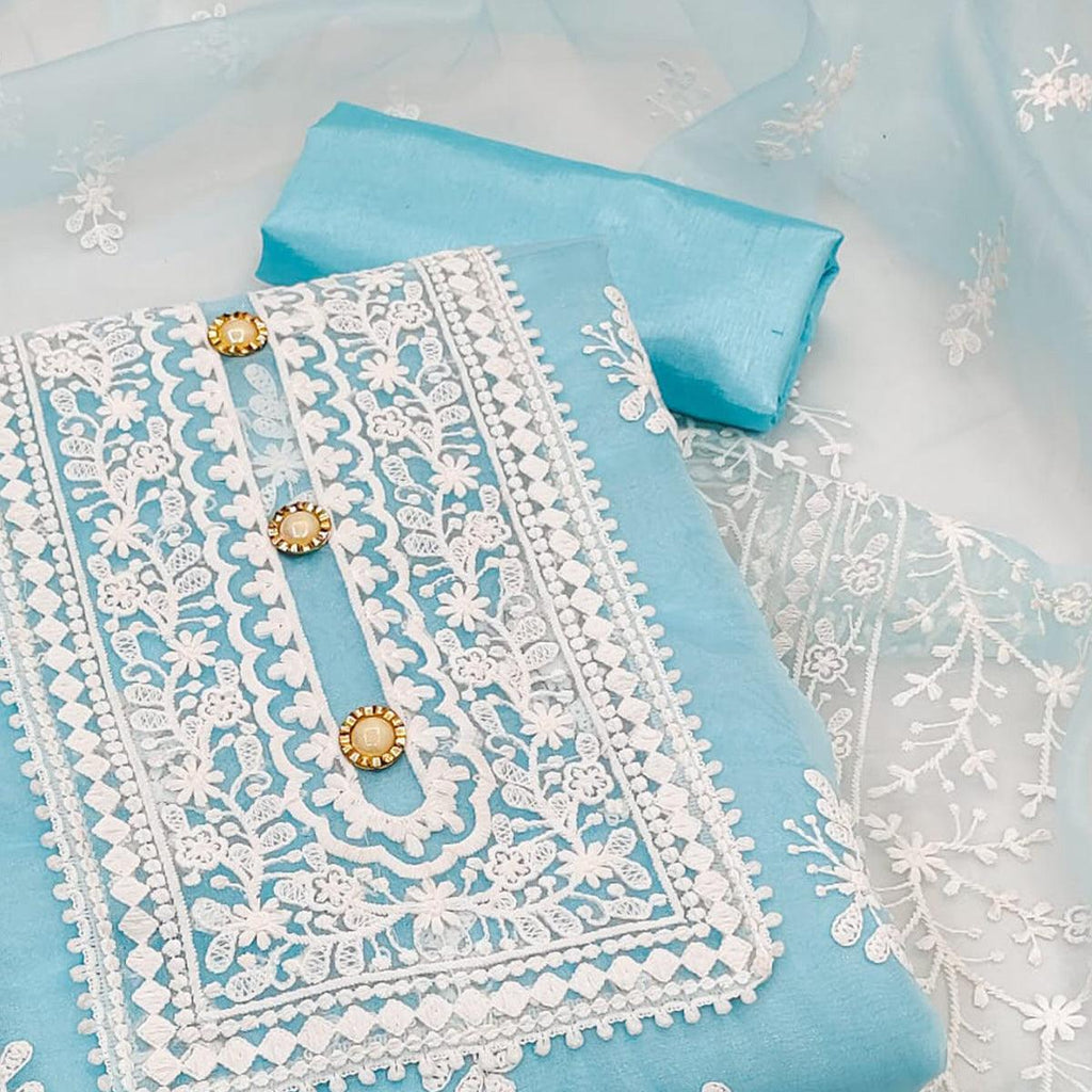 Blue Floral Embroidered Organza Dress Material