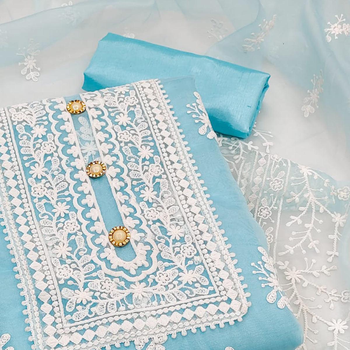 Blue Floral Embroidered Organza Dress Material