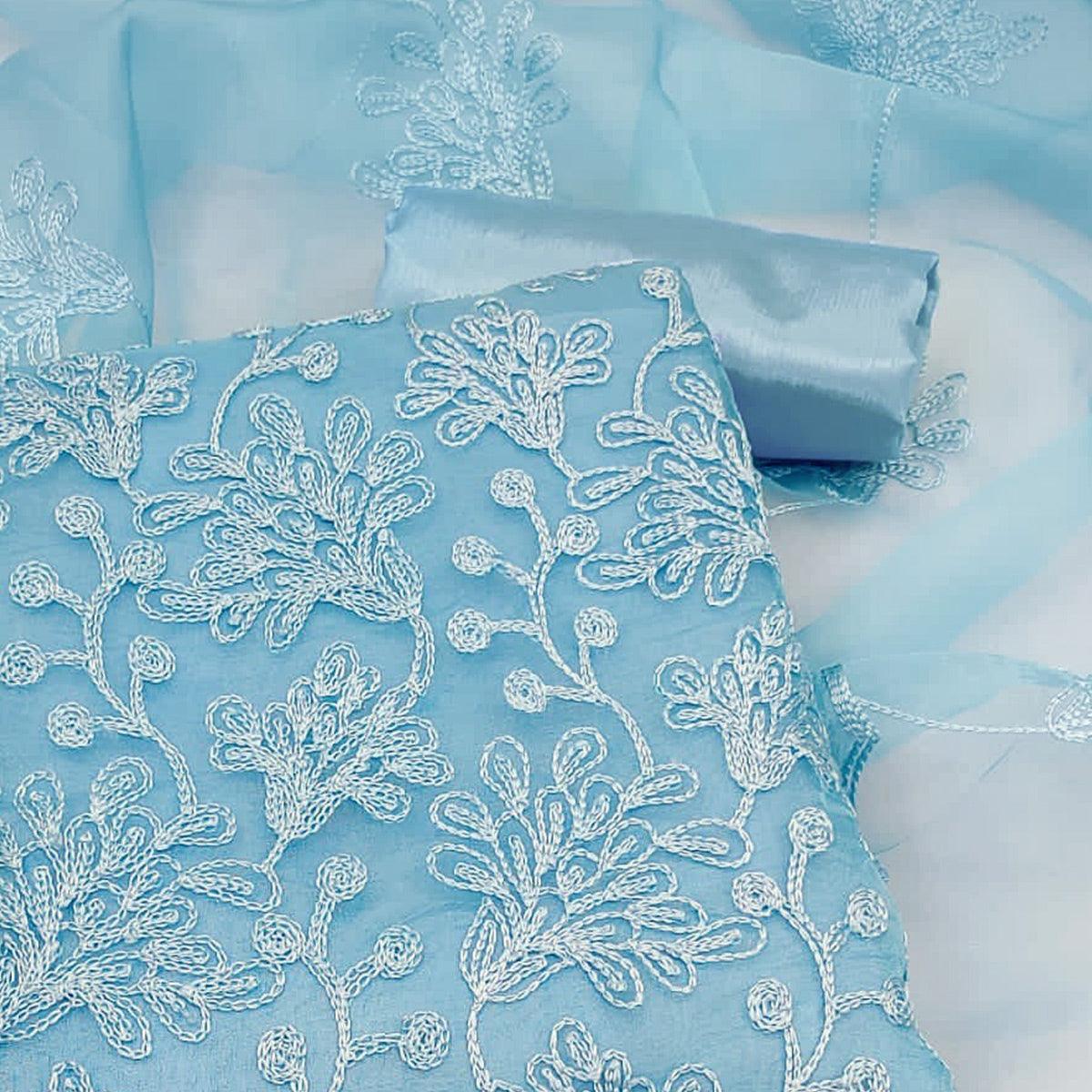 Blue Floral Embroidered Organza Dress Material