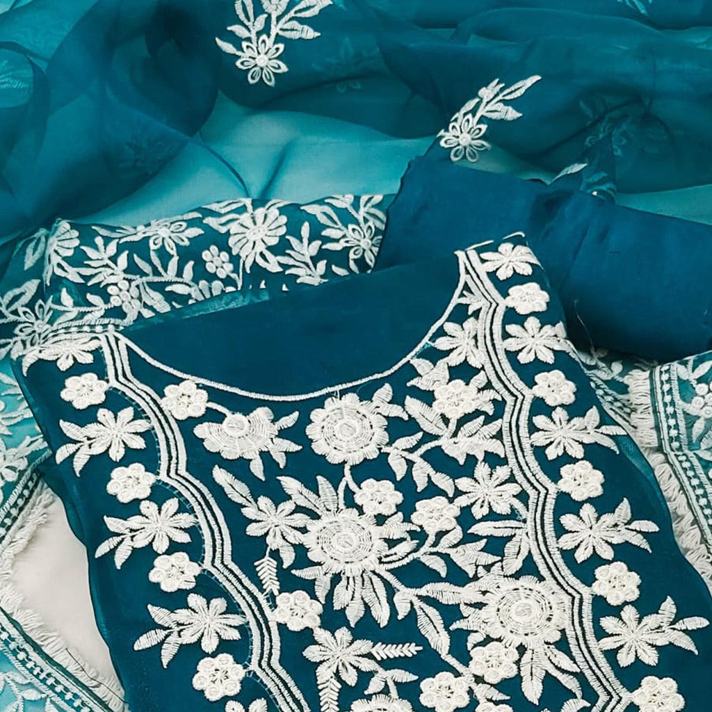 Blue Floral Embroidered Organza Dress Material