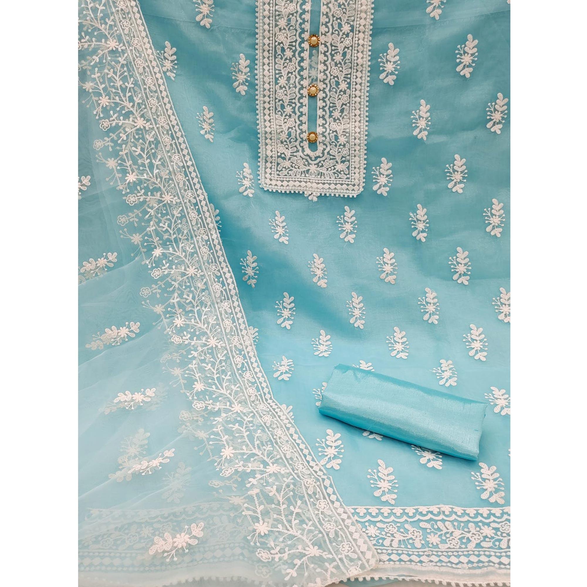Blue Floral Embroidered Organza Dress Material