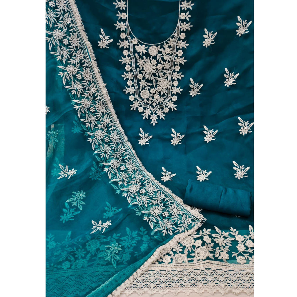 Blue Floral Embroidered Organza Dress Material