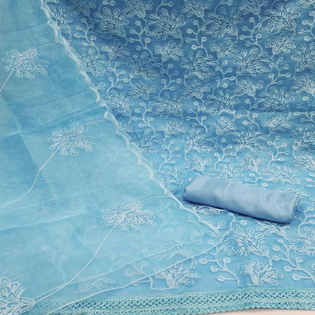 Blue Floral Embroidered Organza Dress Material