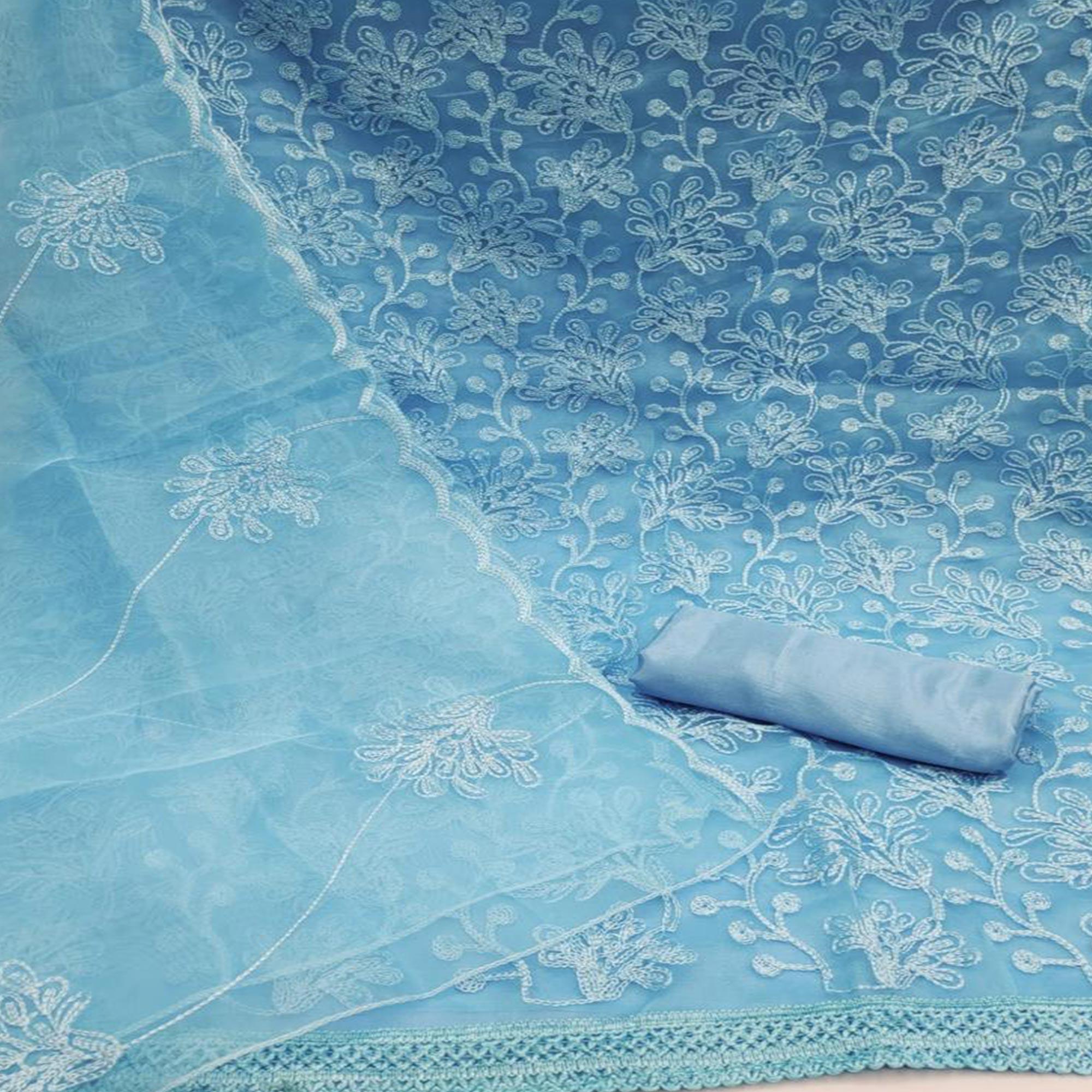 Blue Floral Embroidered Organza Dress Material