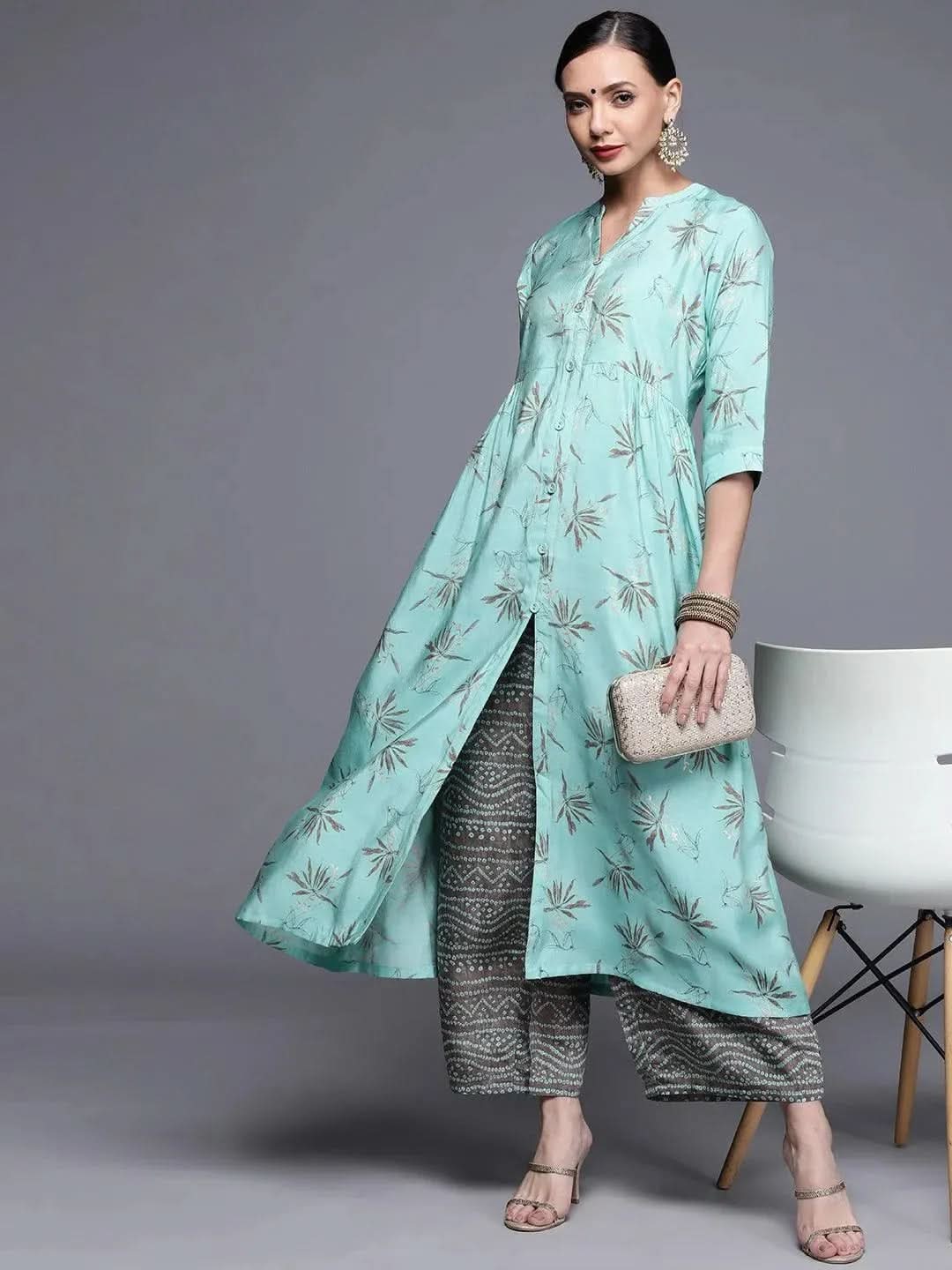 Blue Printed Chanderi Silk Kurta - Libas