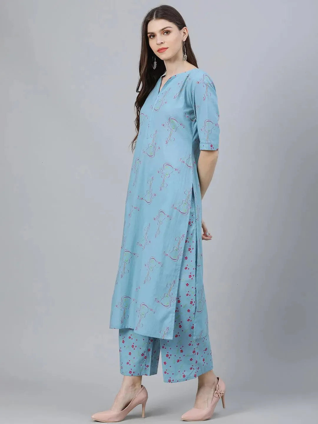 Blue Printed Rayon Straight Kurta With Palazzos & Dupatta