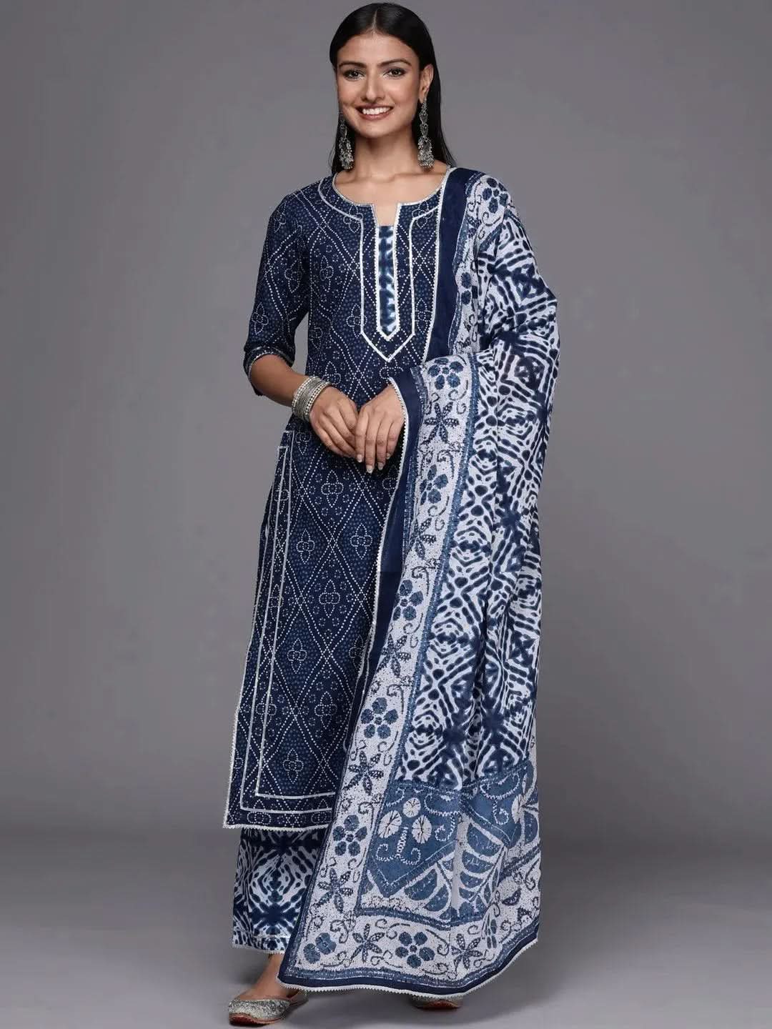 Blue Printed Cotton Straight Kurta With Palazzos & Dupatta