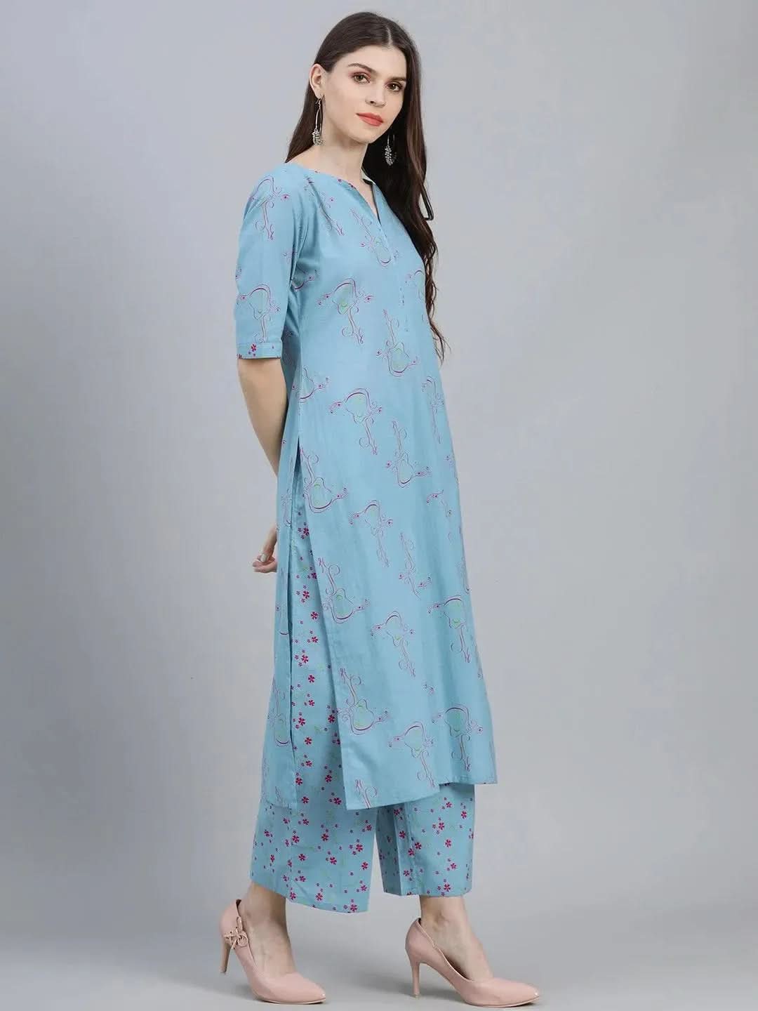 Blue Printed Rayon Straight Kurta With Palazzos & Dupatta