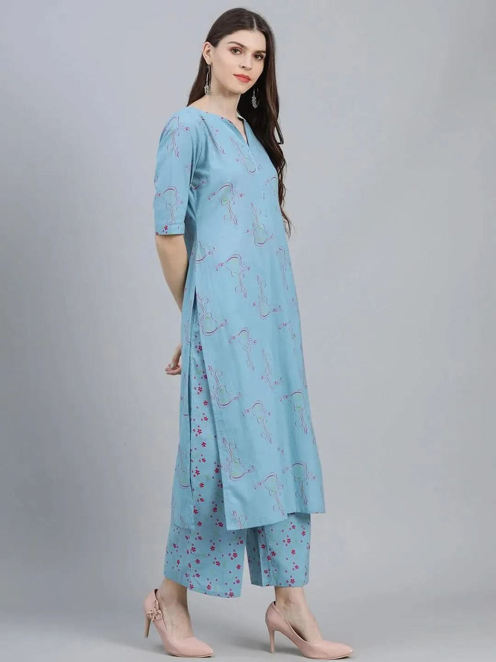Blue Printed Rayon Straight Kurta With Palazzos & Dupatta