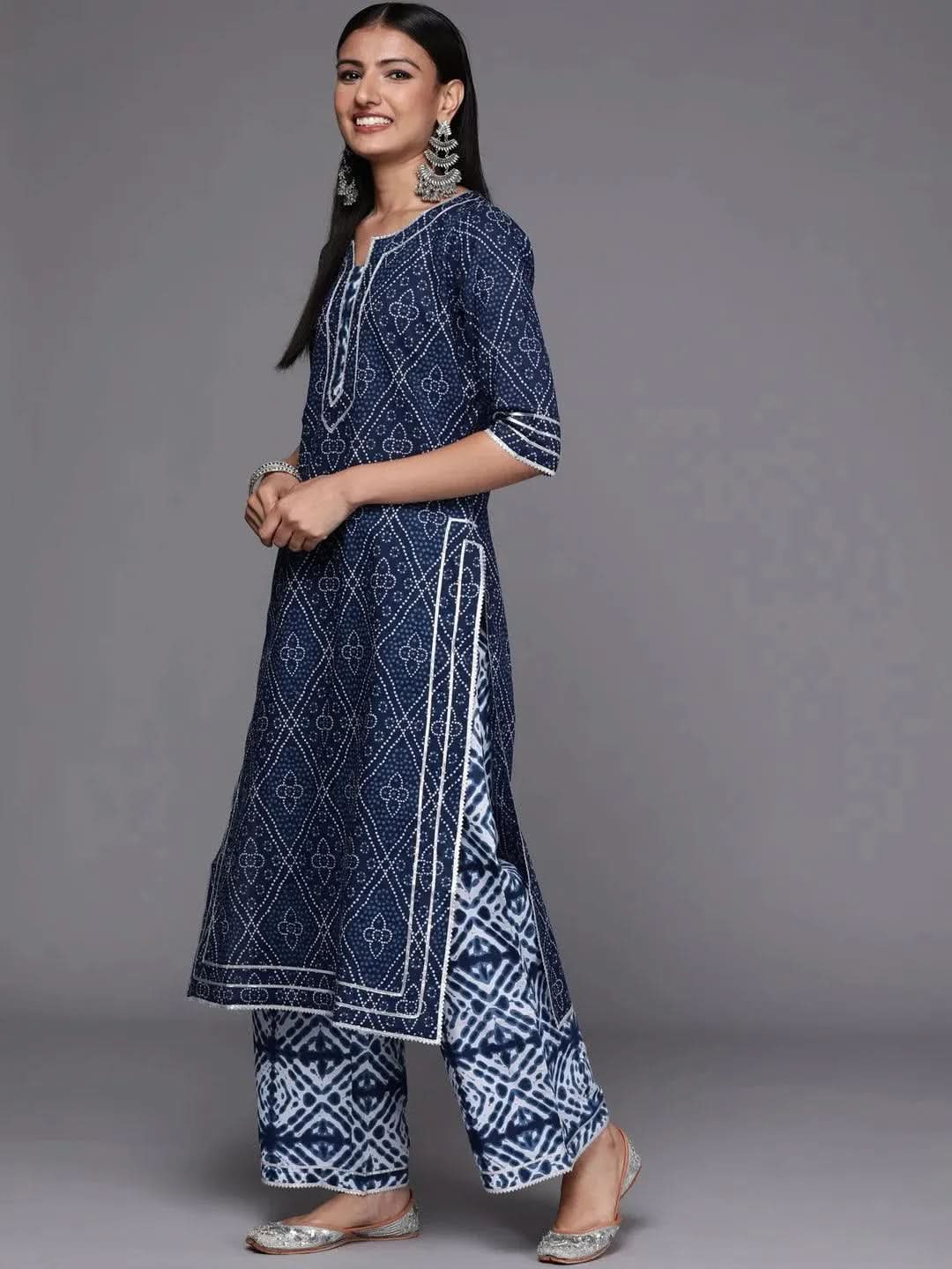 Blue Printed Cotton Straight Kurta With Palazzos & Dupatta