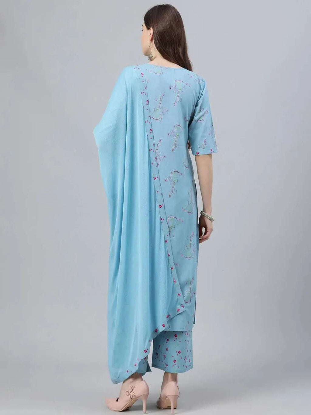 Blue Printed Rayon Straight Kurta With Palazzos & Dupatta
