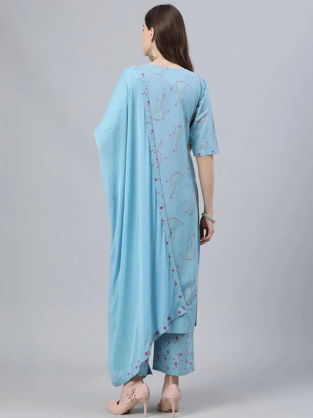 Blue Printed Rayon Straight Kurta With Palazzos & Dupatta