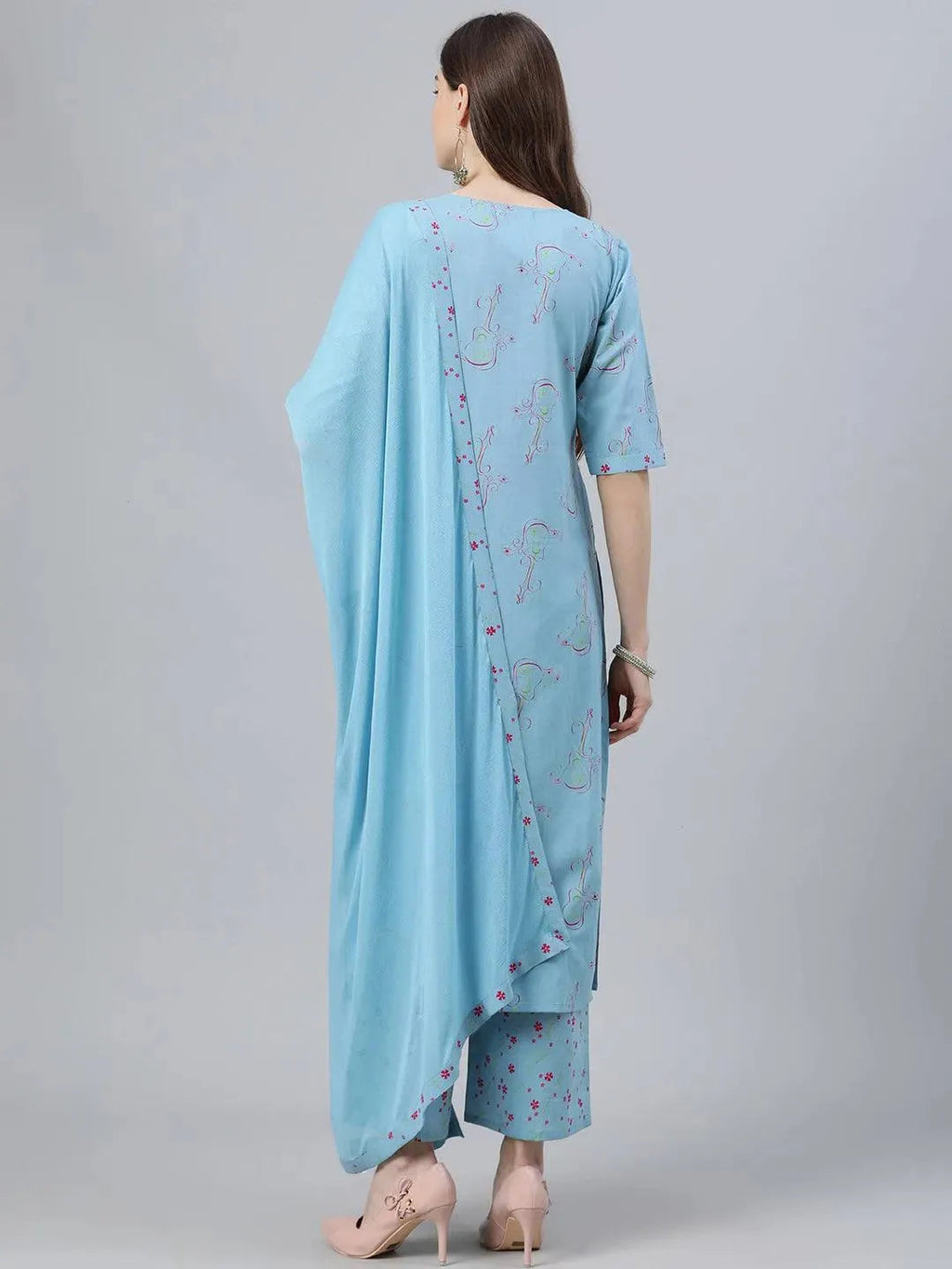 Blue Printed Rayon Straight Kurta With Palazzos & Dupatta