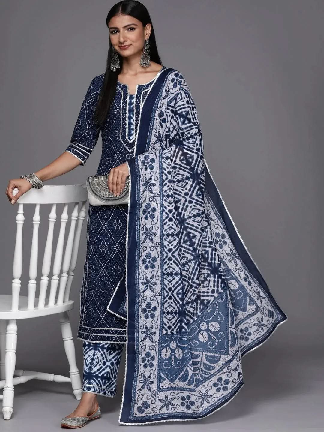 Blue Printed Cotton Straight Kurta With Palazzos & Dupatta