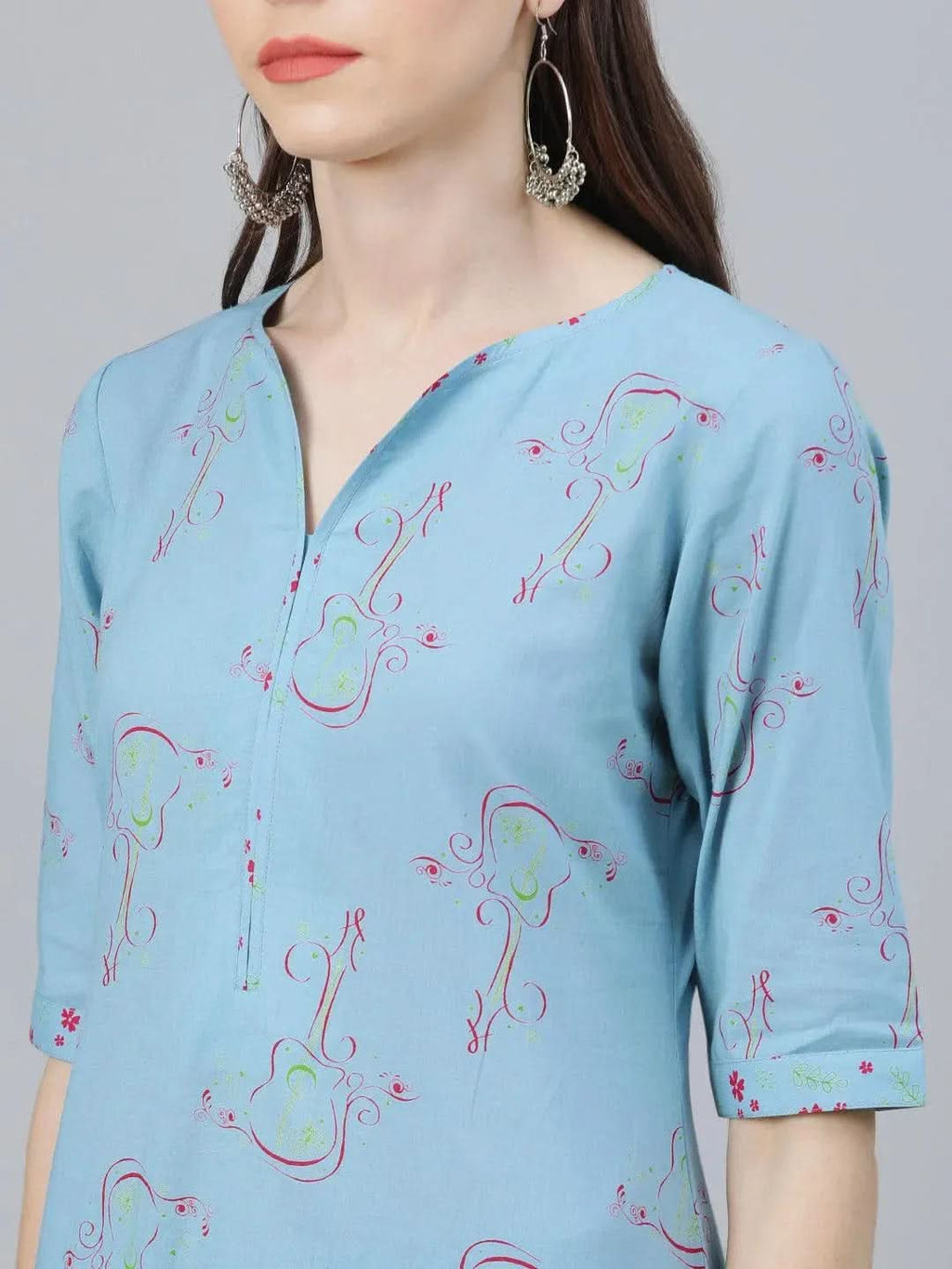 Blue Printed Rayon Straight Kurta With Palazzos & Dupatta