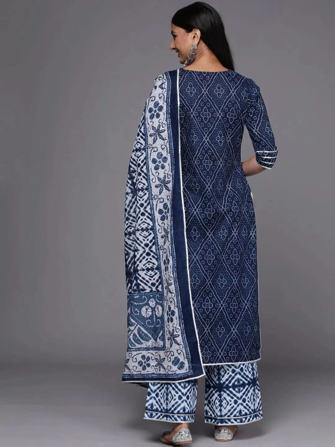 Blue Printed Cotton Straight Kurta With Palazzos & Dupatta