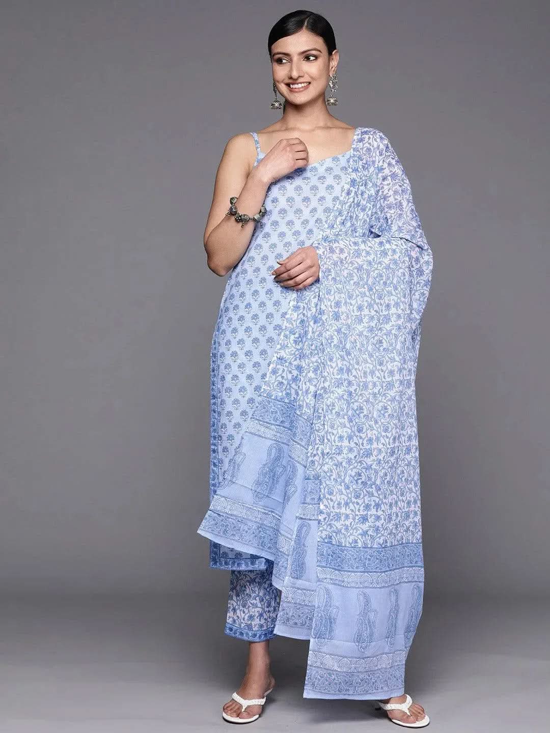 Blue Printed Cotton Straight Kurta With Trousers & Dupatta