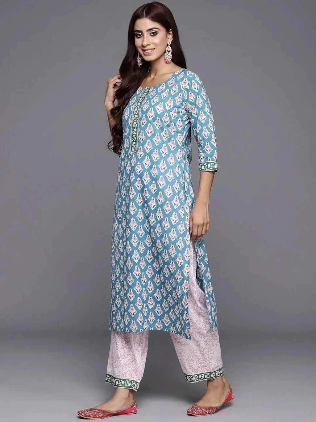 Blue Printed Cotton Straight Kurta With Trousers & Dupatta