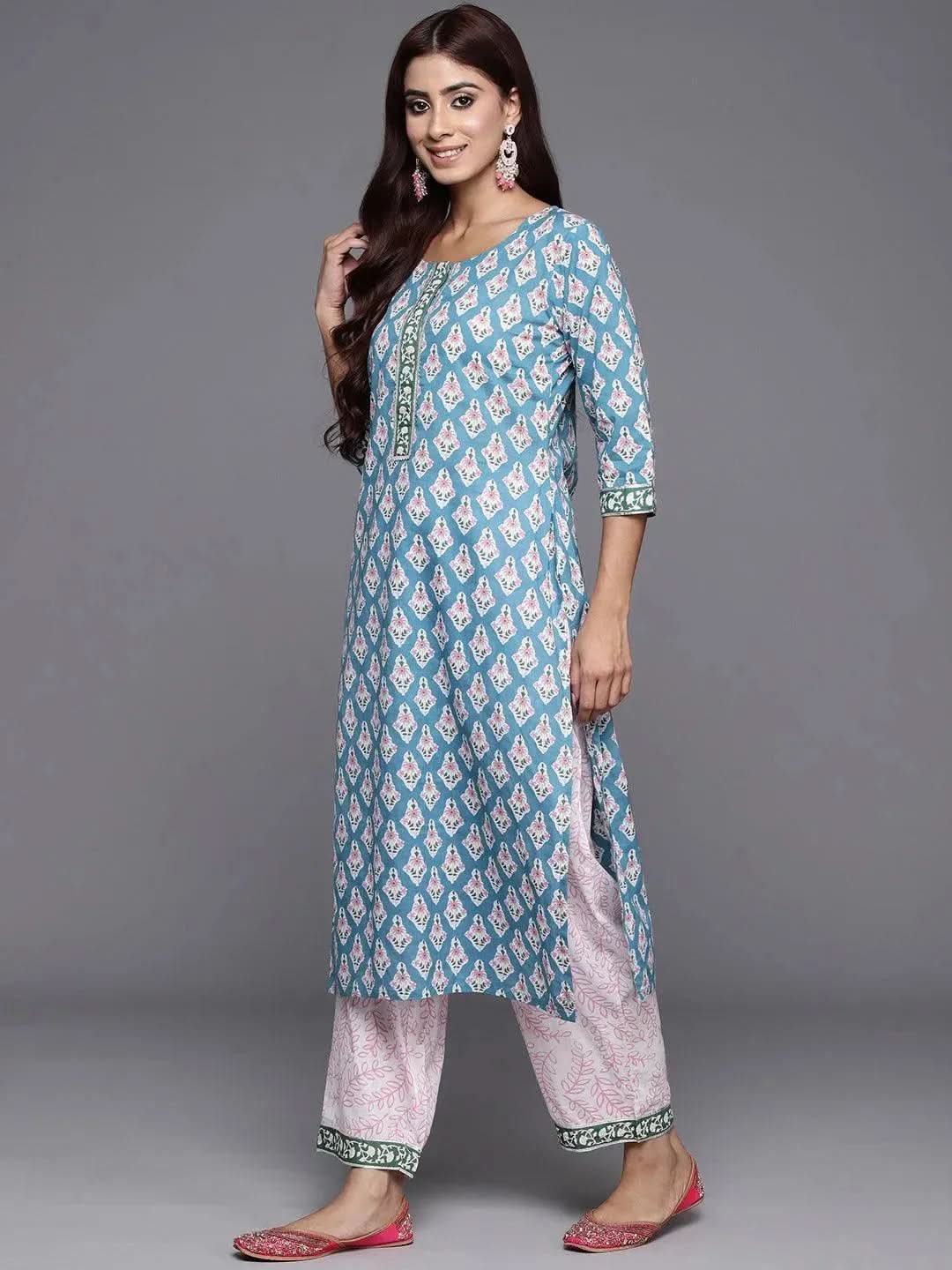 Blue Printed Cotton Straight Kurta With Trousers & Dupatta