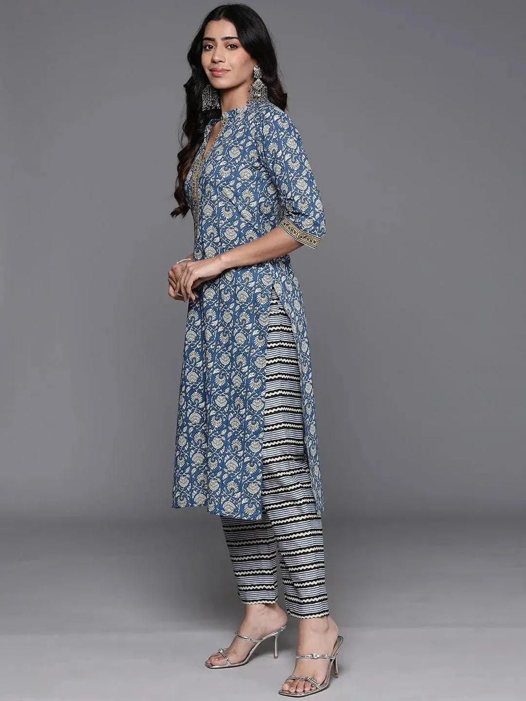 Blue Printed Cotton Straight Suit With Dupatta