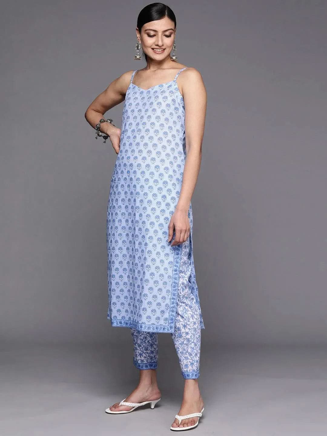 Blue Printed Cotton Straight Kurta With Trousers & Dupatta