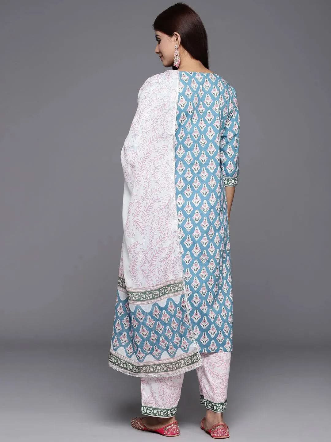 Blue Printed Cotton Straight Kurta With Trousers & Dupatta