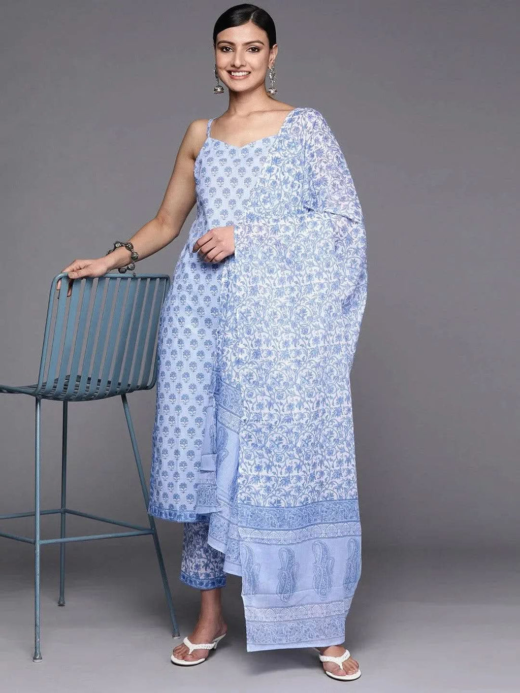 Blue Printed Cotton Straight Kurta With Trousers & Dupatta