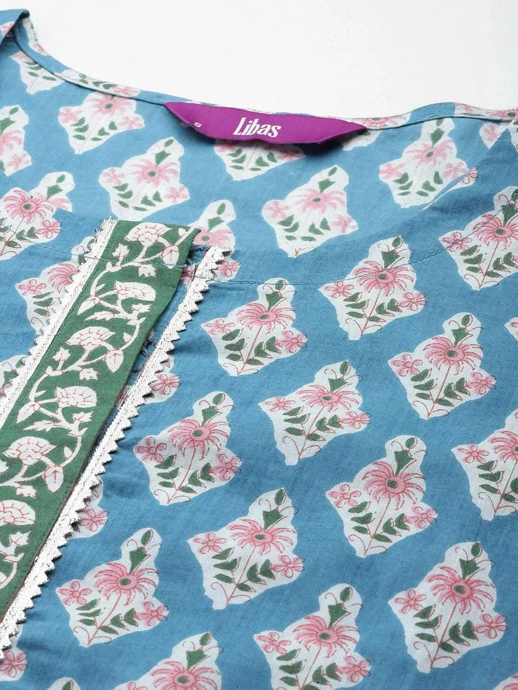 Blue Printed Cotton Straight Kurta With Trousers & Dupatta