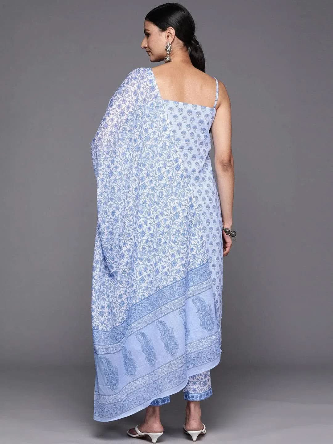 Blue Printed Cotton Straight Kurta With Trousers & Dupatta